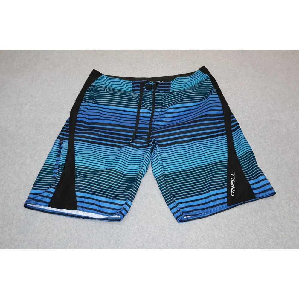 O'Neill Board Shorts Mens 36 Blue Striped Drawstring Pockets Swim Trunks